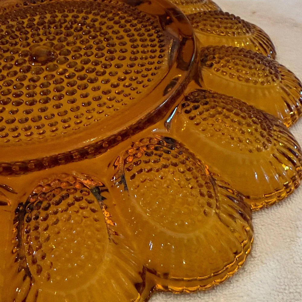 Vintage Amber Indiana Glass Deviled Egg Plate 15 Slot Rnd Hobnail Scalloped MCM